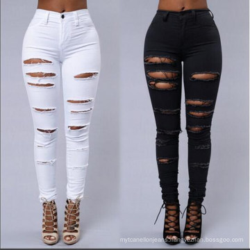 Wholesale Custom Cheap Best High Waisted Jeans Black/White Women Slim Fit Ripped Denim Jeans for Women